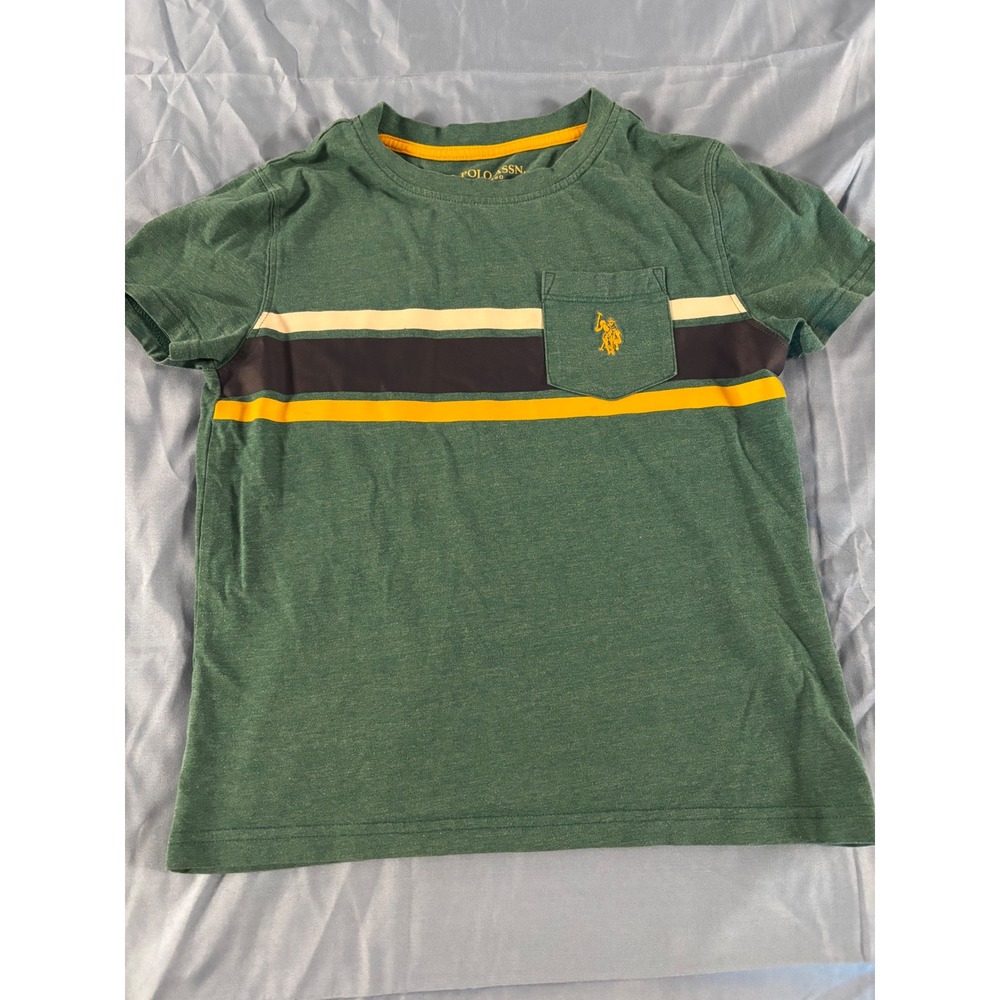 US Polo Assn Boys Green Striped Pocket T-Shirt Size M 8 Short Sleeve Logo Tee